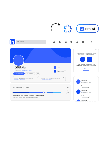 Représentation graphique d'une interface de profil LinkedIn avec des fonctionnalités d'intégration supplémentaires pour un outil d'emailing.