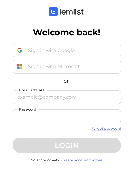 Écran de connexion pour lemlist avec options de connexion avec Google, Microsoft ou e-mail.