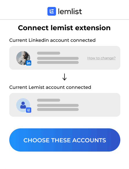 Screenshot of a user interface for the lemlist extension showing a connected linkedin account with an option to choose lemlist accounts.