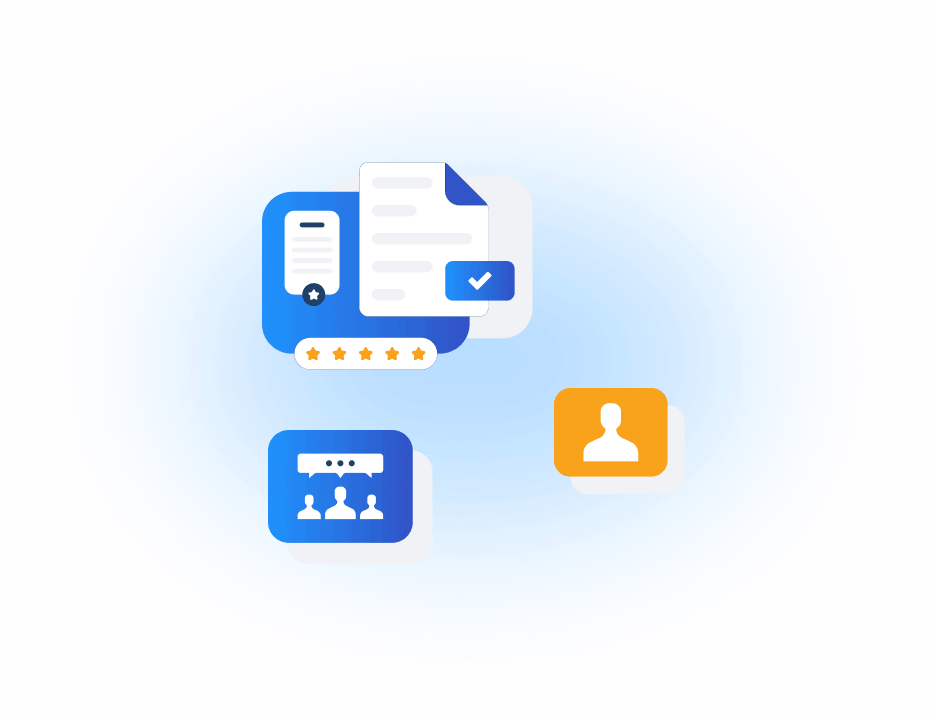 Icons representing customer feedback, service rating, and user profile on a blue background.