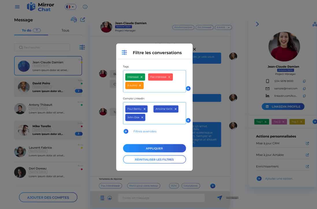 Capture d'écran d'une interface d'application de messagerie avec un menu de filtres de conversation ouvert, affichant les options de balises, de mots-clés et de filtres de plage de dates.