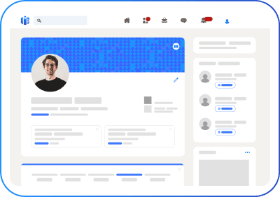 A digital profile interface with a user photo on the left, a blue background, and several sections for posts, friends, and messages on the right.