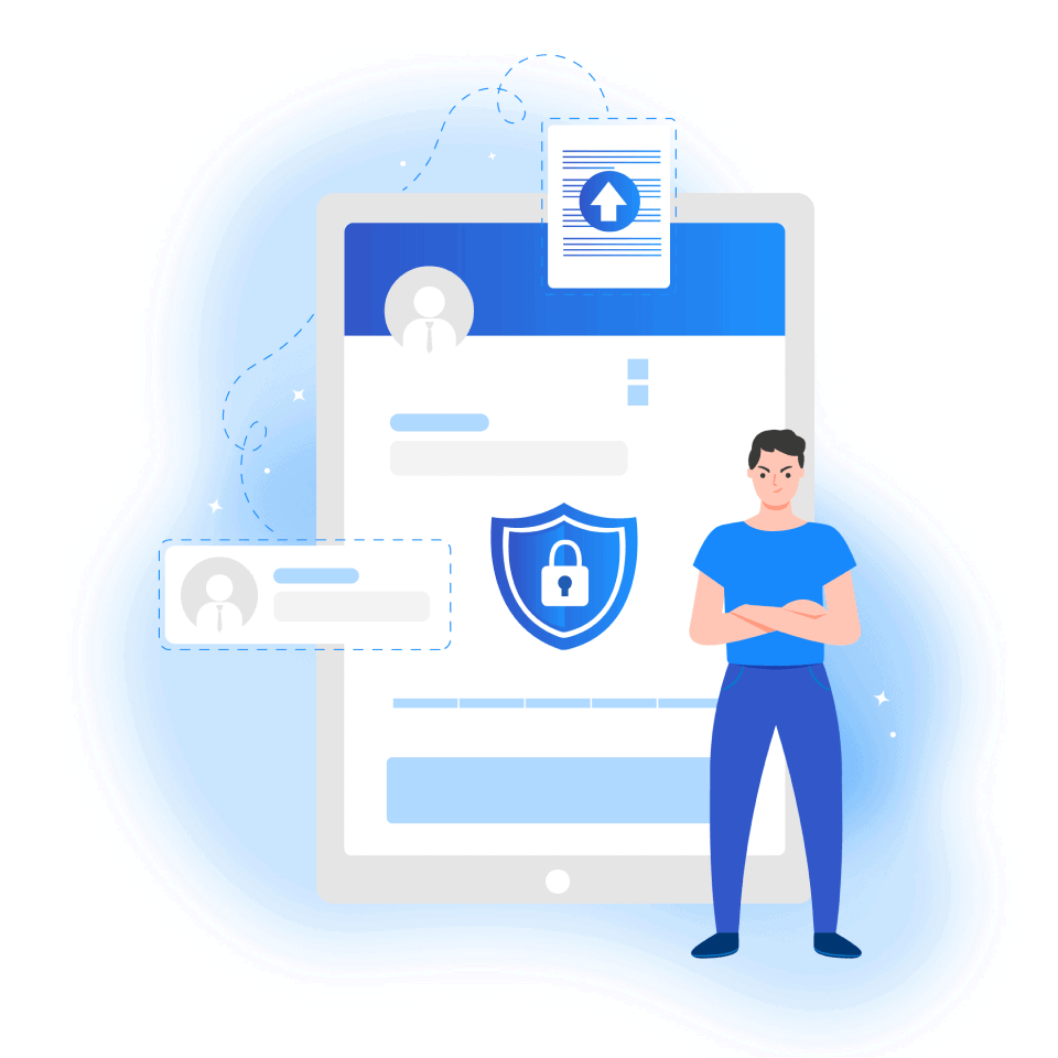 Illustration of a person standing in front of a large digital screen with icons indicating user profiles, chat boxes, and a security shield with a padlock.