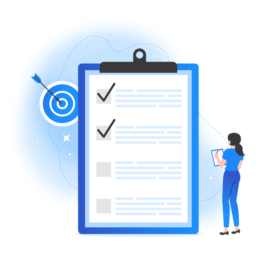 Un presse-papiers avec une liste de contrôle est au premier plan, avec trois éléments, dont deux cochés. Une personne se tient à proximité, tenant une tablette, et une cible avec une flèche est affichée en arrière-plan.