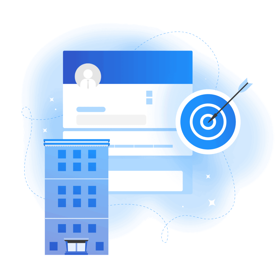 Illustration représentant un bâtiment, une cible avec une flèche et une interface de profil utilisateur sur fond bleu.