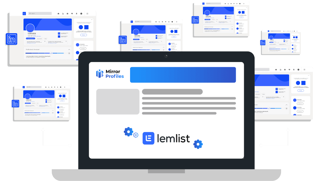 Illustration of a laptop with a "Mirror Profiles" interface from Lemlist, surrounded by six smaller versions of the same interface, connected by arrows.