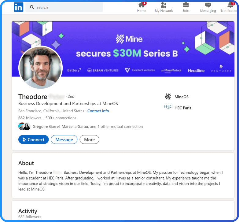 LinkedIn profile of Theodore, Business Development and Partnerships at MineOS. The banner announces $30M Series B funding. Sections visible: About, Activity, Experience, Education, Skills, and Interests.