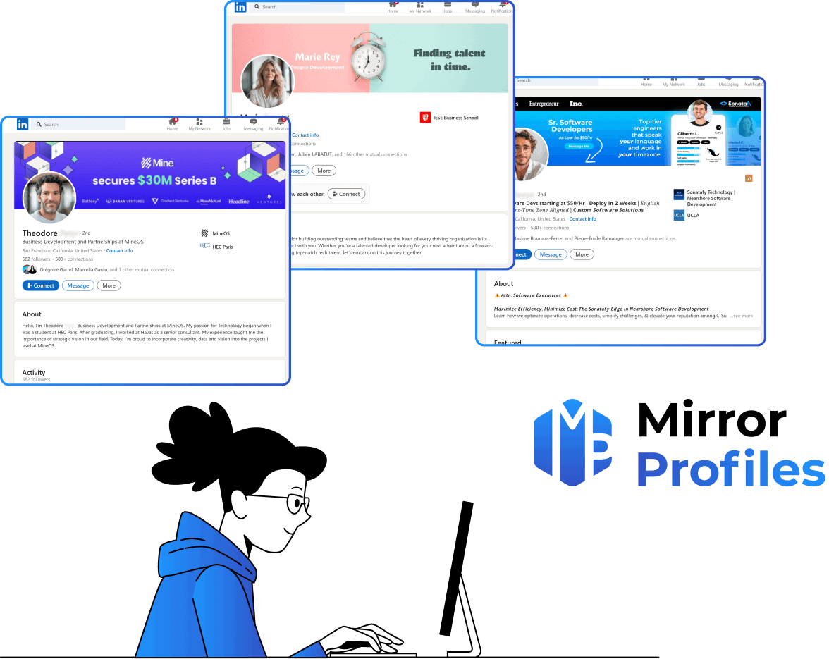 A person at a computer, browsing through three LinkedIn profiles displayed above. The profiles belong to Theodore, Marie Roy, and Sa. Each profile showcases professional information and updates.