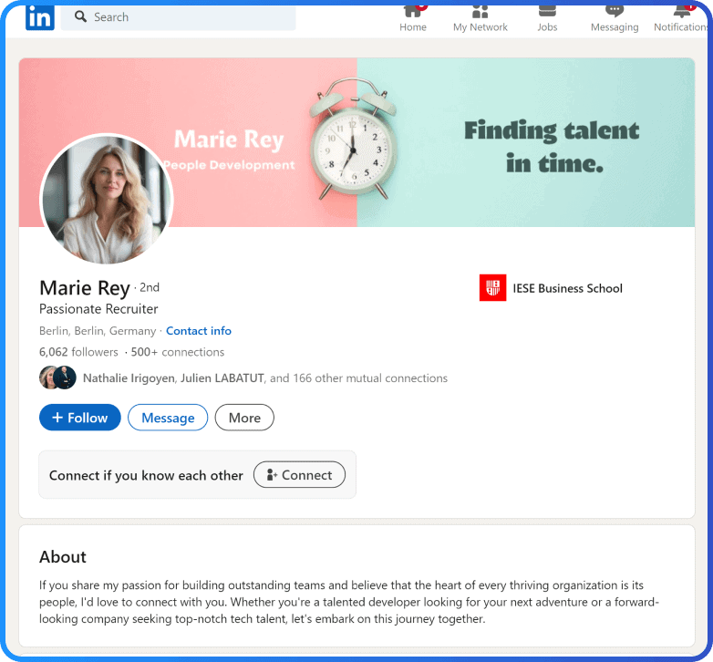 Profil LinkedIn de Marie Rey, une recruteuse passionnée spécialisée dans le développement des personnes, basée à Berlin, en Allemagne. Le profil met en évidence sa formation à l’IESE Business School et ses options de connexion.