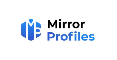 Logo Mirror Profiles avec un emblème hexagonal bleu comportant les lettres « M » et « P ». Les mots « Mirror Profiles » sont écrits en noir et bleu à côté de l'emblème.